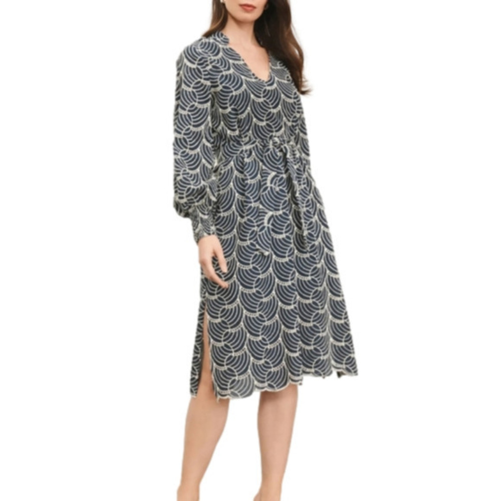 Donna Karan blue and white V-NECK PRINTED EYELET MIDI DRESS size 00 MSRP 395 new